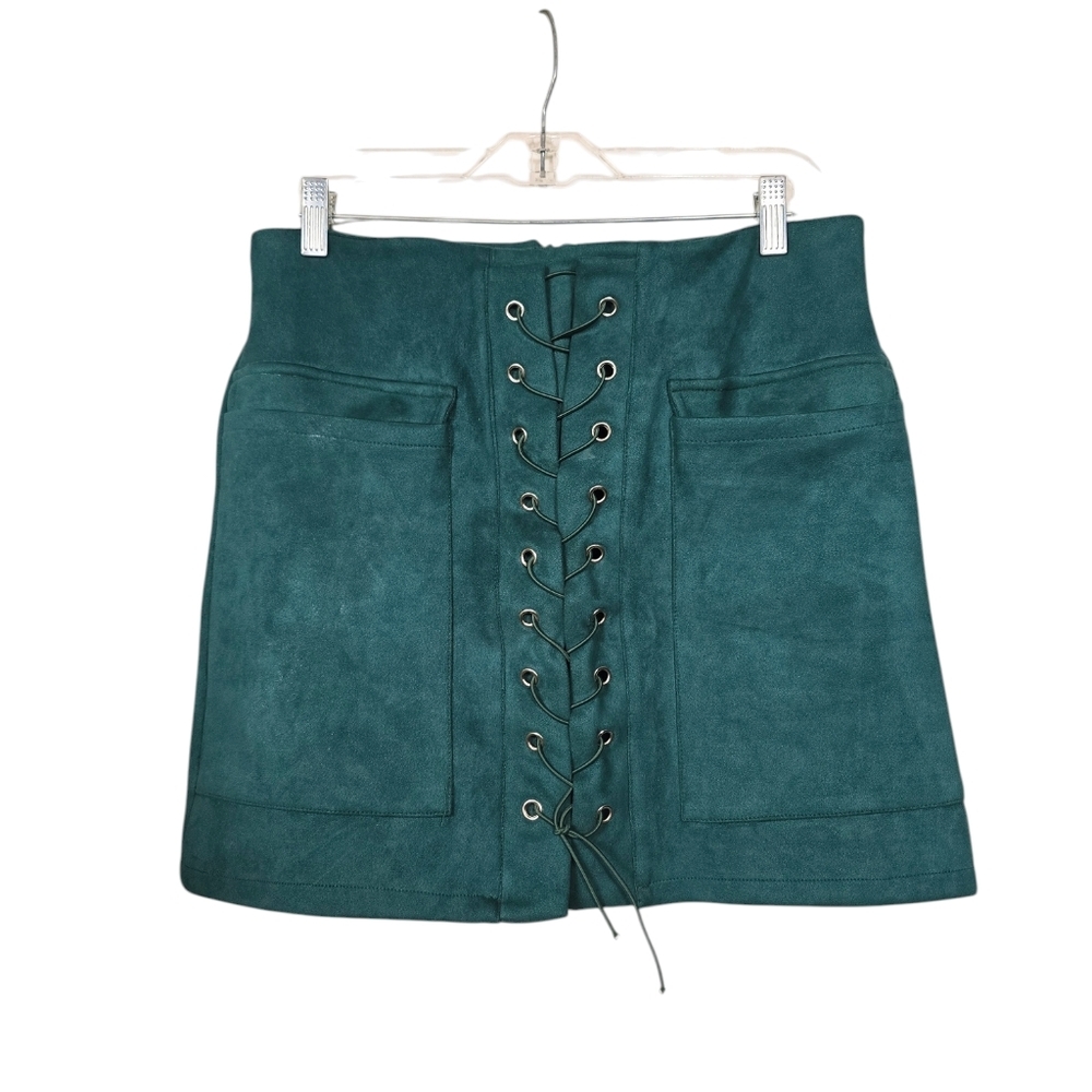 Vestidos Emerald Green Front Lace Up Back Zip Mini Skirt L